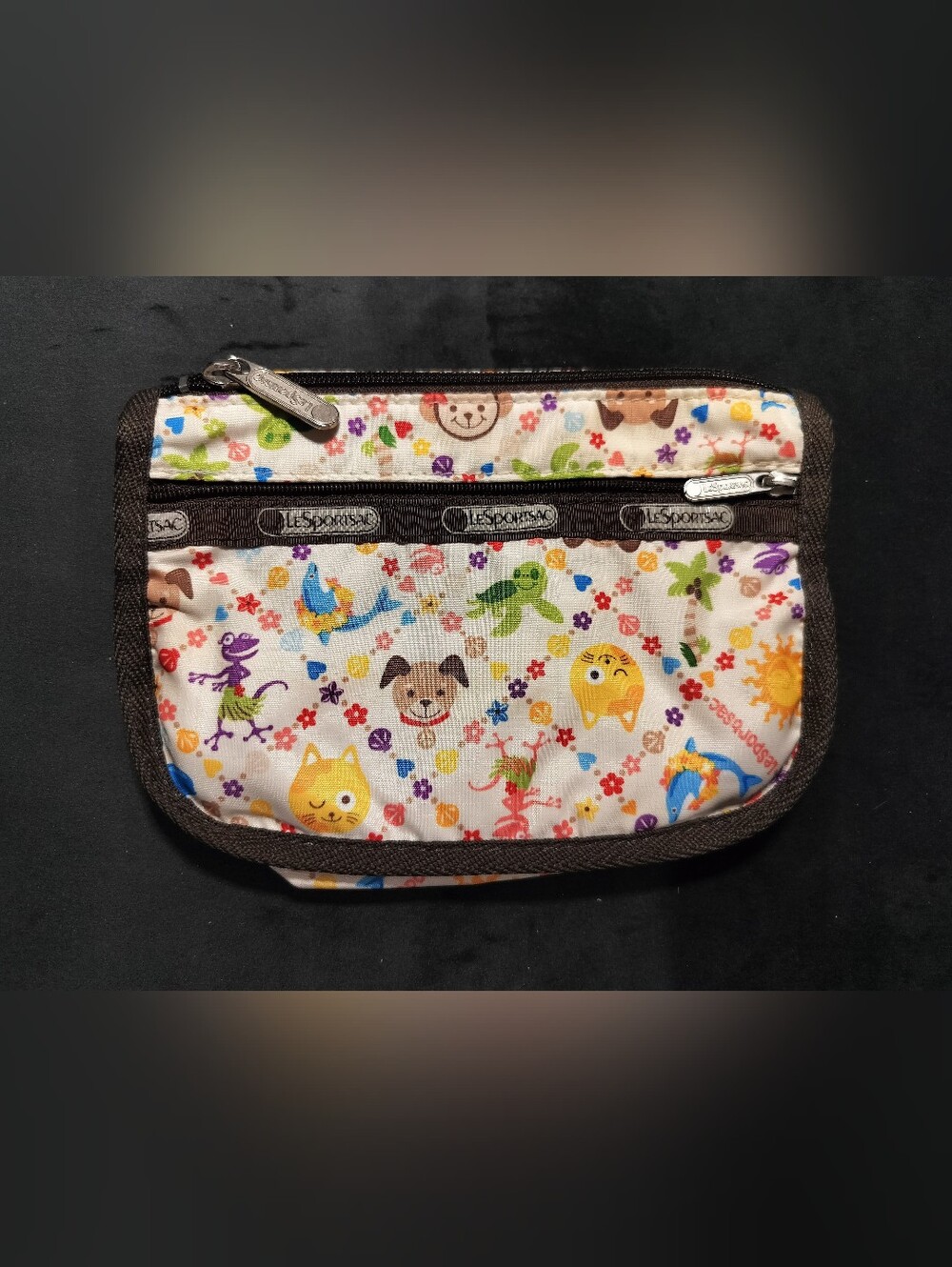 NEW Lesportsac Multicolor Animal Print Small 2 Zip Pouch with Brown Trim